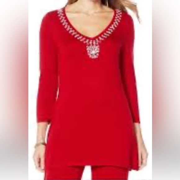 NWT IMAN Global Chic Red Touch of Cashmere tunic with jeweled scooped neck - Picture 6 of 10